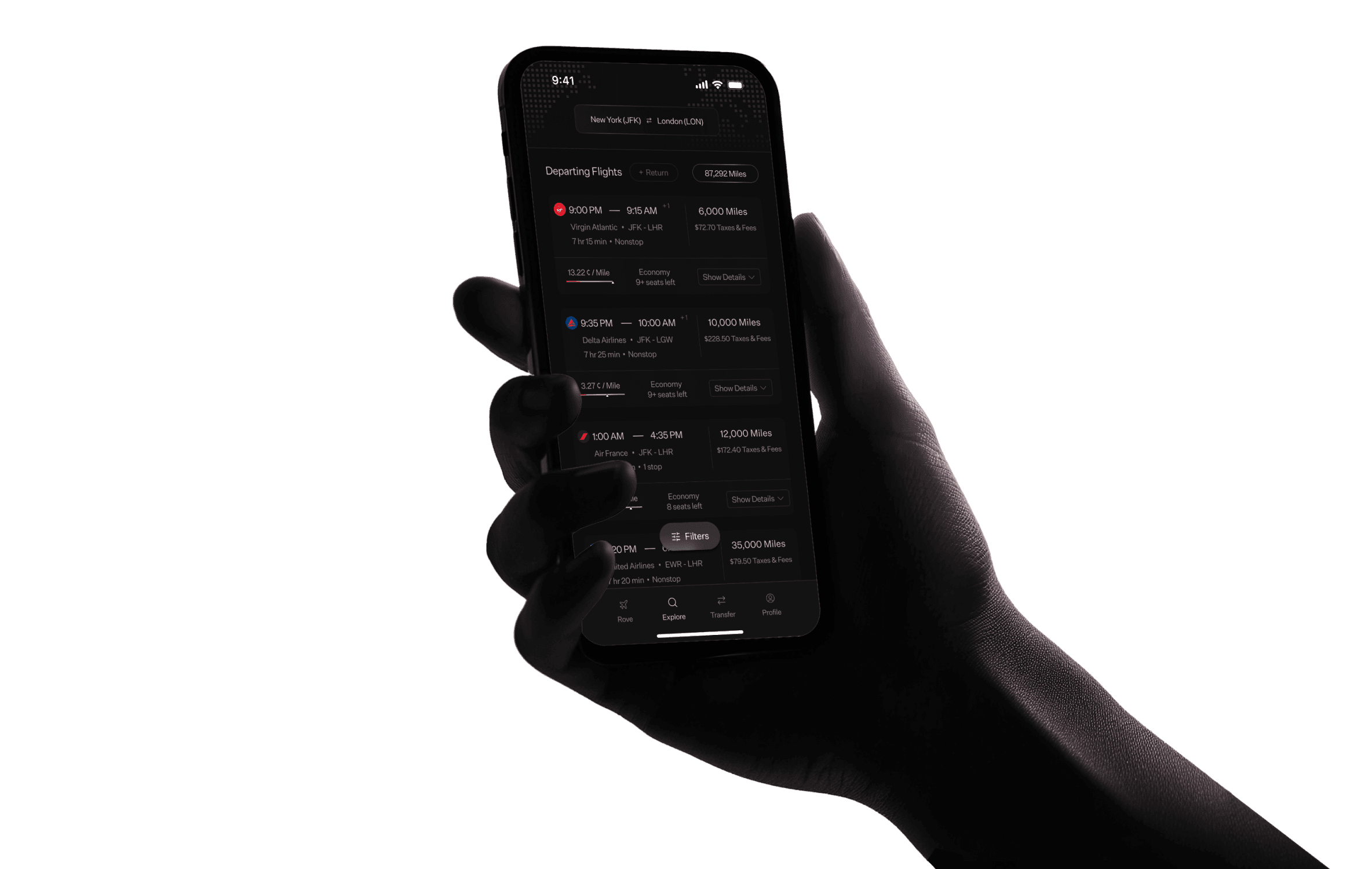 Hand holding phone showing Rove Miles app